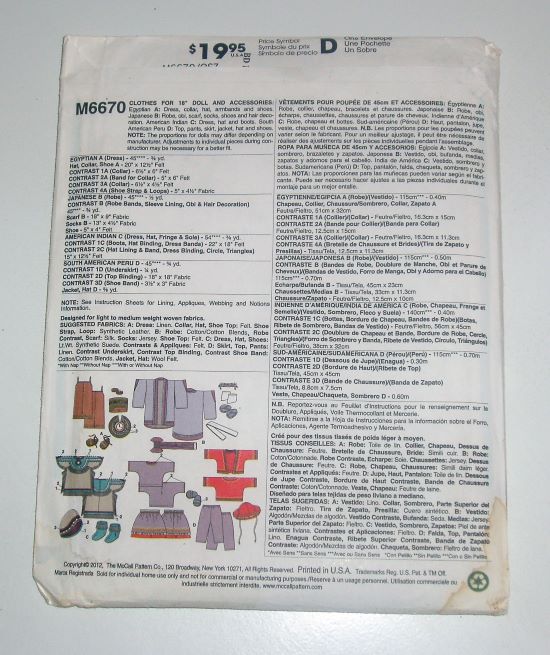 McCall’s M6670 18" Doll Clothes Pattern World Cultures Costumes (2012)