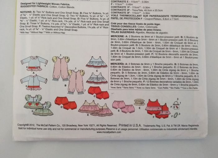 McCall’s M6573 18" Doll Clothes Pattern Dress Romper Jumper & Accessories (2012)