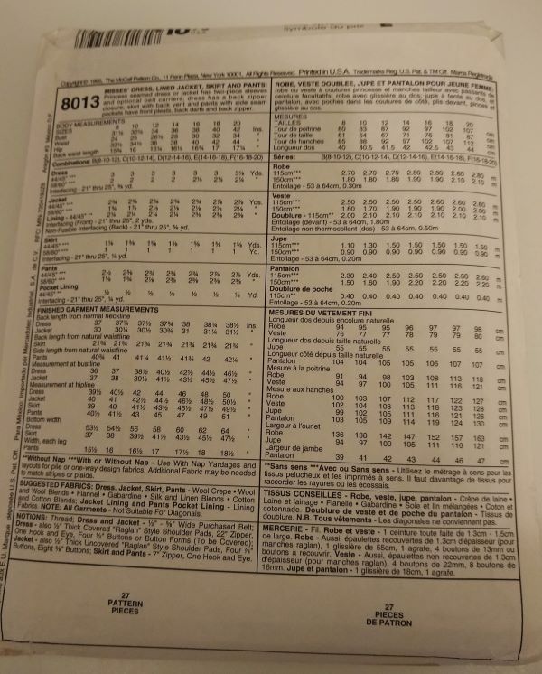 McCall’s 8013 Misses Dress, Jacket, Skirt & Pants Sewing Pattern (1995)