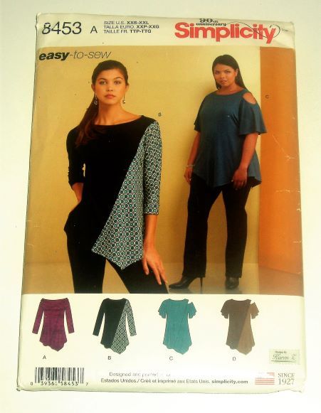 Simplicity 8453 Misses Stretch Knit Top Asymmetrical Hem (XXS–XXL)