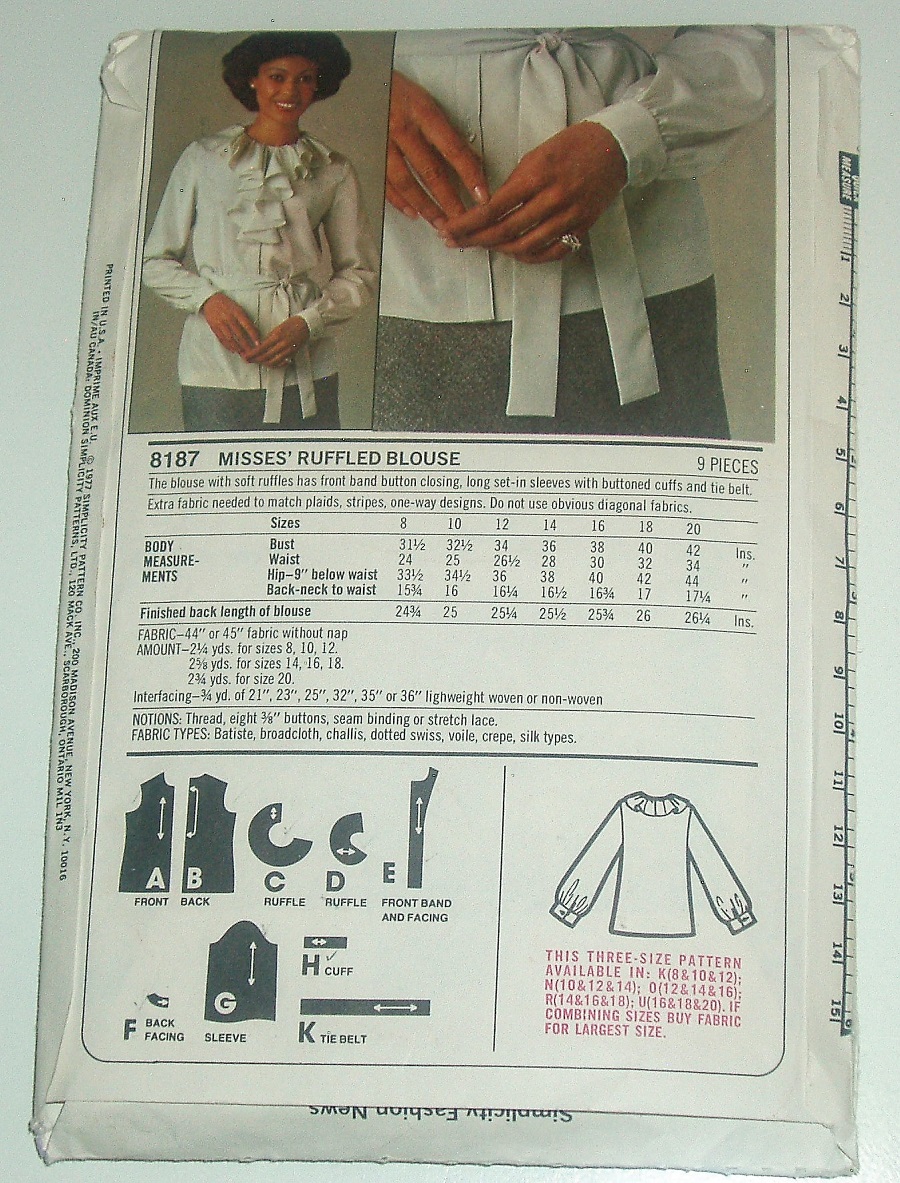 Vintage 1977 Simplicity 8187 ESP Misses’ Ruffle Blouse Sewing Pattern Sizes 8–12