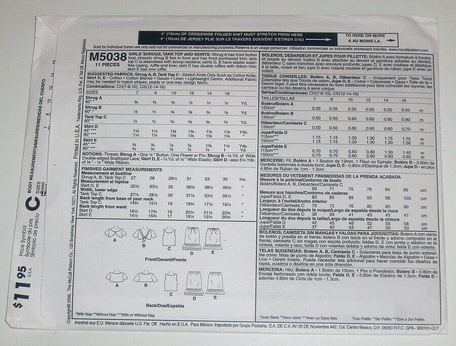 McCall's M5038 Girls' Dress and Top Sewing Pattern Sz 12-16