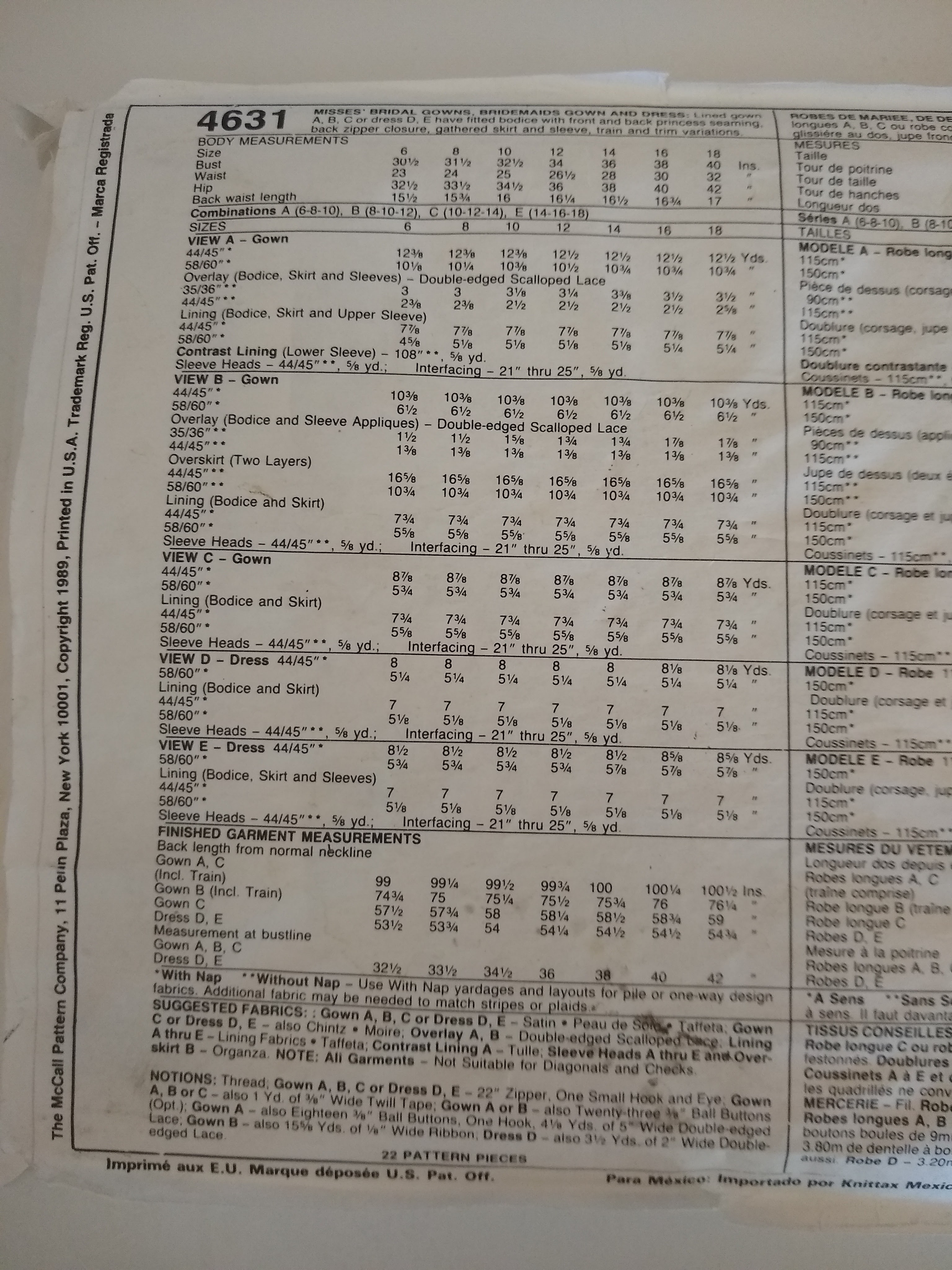McCall’s 4631 Misses’ Wedding Gown & Bridesmaids’ Dress Sewing Pattern – Sizes 6–10 – 1989