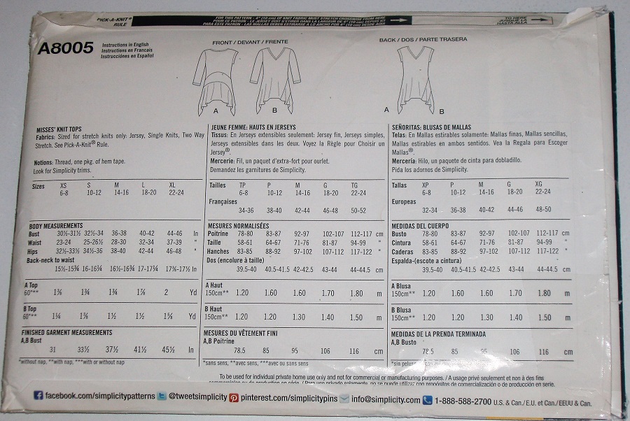 It’s So Easy Simplicity A8005 Sewing Pattern Misses’ Knit Tops with Asymmetrical Hems Sz XS–XL