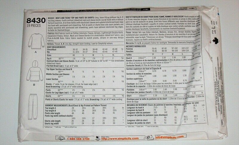 Simplicity 8430 Unisex Pullover Hooded Top, Pants & Shorts Sewing Pattern (Sizes L–XL)