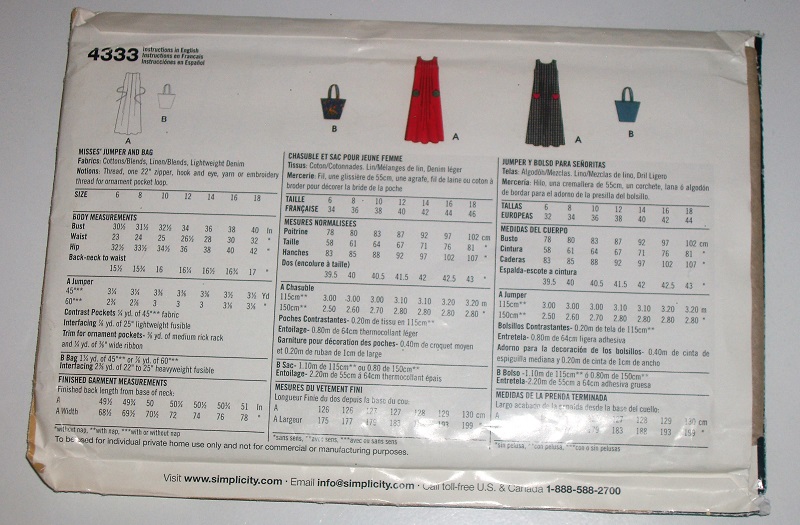 Simplicity 4333 Easy Jumper & Handbag Sewing Pattern Sizes 6–18 (2005)