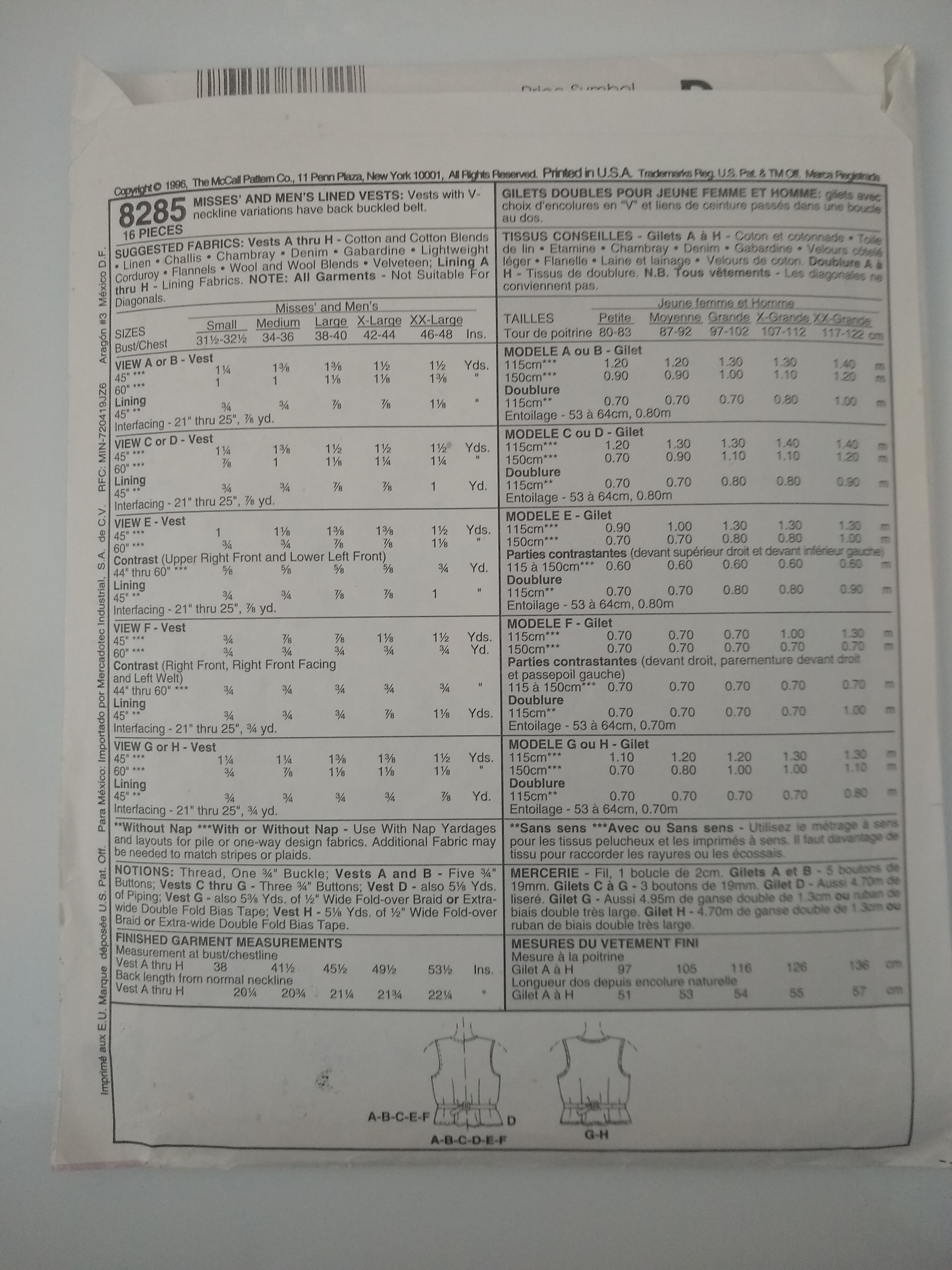 McCall’s 8285 Unisex Lined Vest Pattern (1996) – Size Medium 34-36 Chest