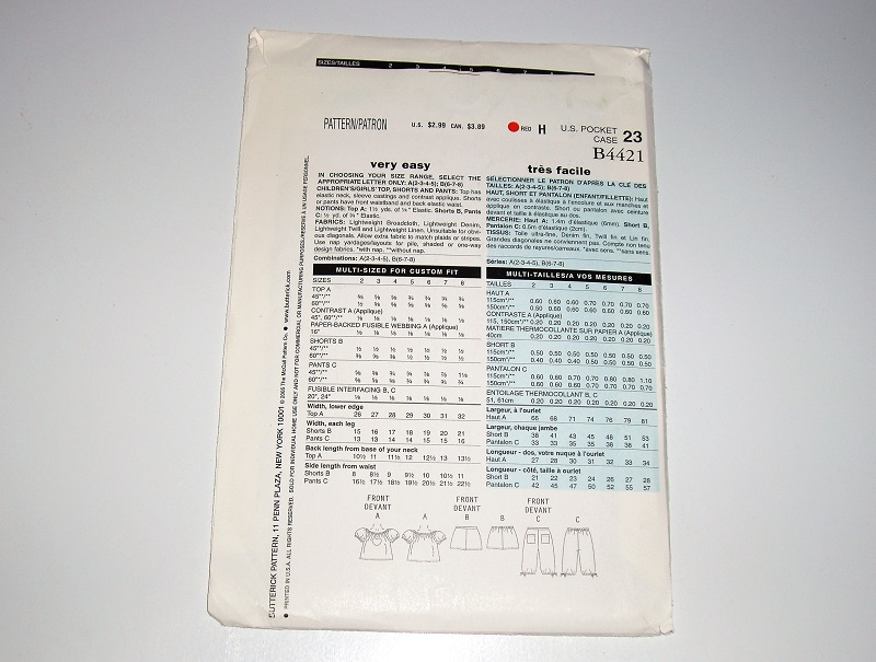 Butterick See & Sew B4421 Girl’s Top, Shorts & Pants Sewing Pattern Sizes 2–5