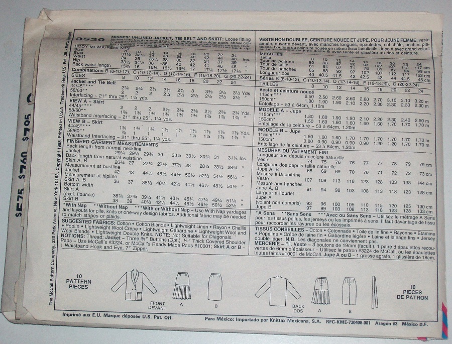 McCall’s 3520 Vintage 1988 Sewing Pattern Misses/MP Jacket, Tie Belt & Skirt Sz 10-14