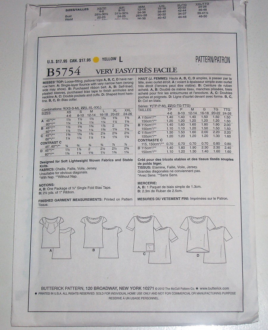 Butterick B5754 Fast & Easy Sewing Pattern Misses Loose-fitting Pullover Tops Sz L-XXL