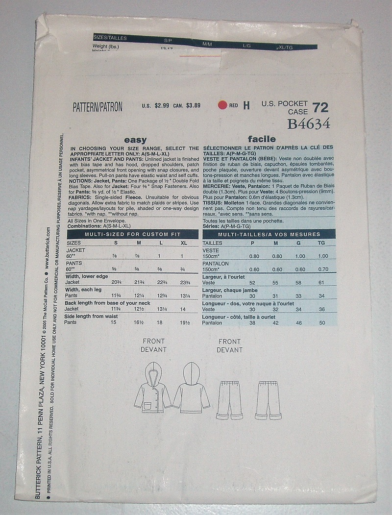 Butterick See & Sew B4634 Infant Fleece Jacket & Pants Sewing Pattern Sizes S–XL