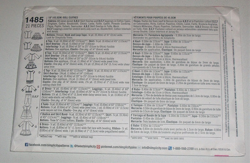 Simplicity 1485 18" Doll Clothes Sewing Pattern Dresses Leggings Top Skirt Doll Wardrobe