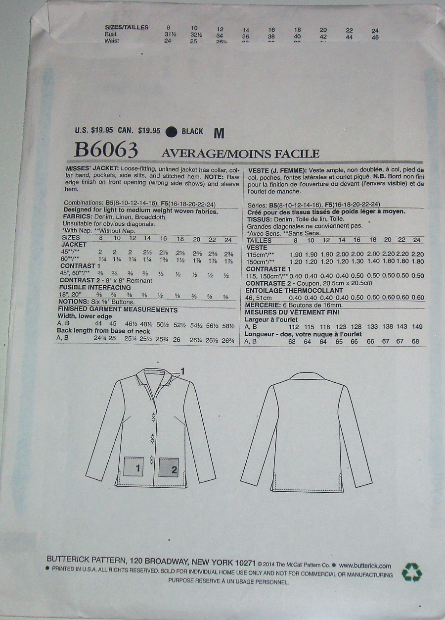 Butterick B6063 Sewing Pattern Misses loose-fitting Jacket Sz 16-24