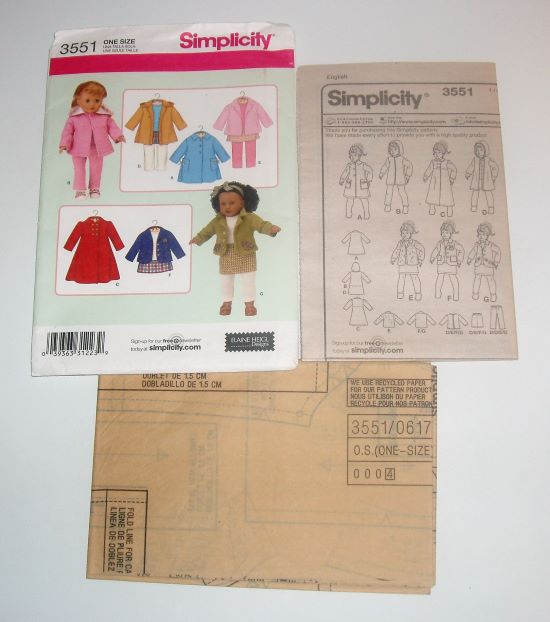 Simplicity 3551 Sewing Pattern 18" Doll Clothes Jackets, Pants, Skirt & Shirt