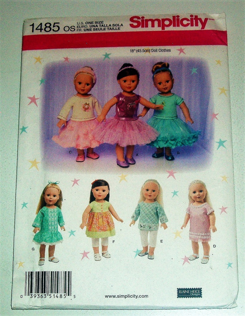 Simplicity 1485 18" Doll Clothes Sewing Pattern Dresses Leggings Top Skirt Doll Wardrobe