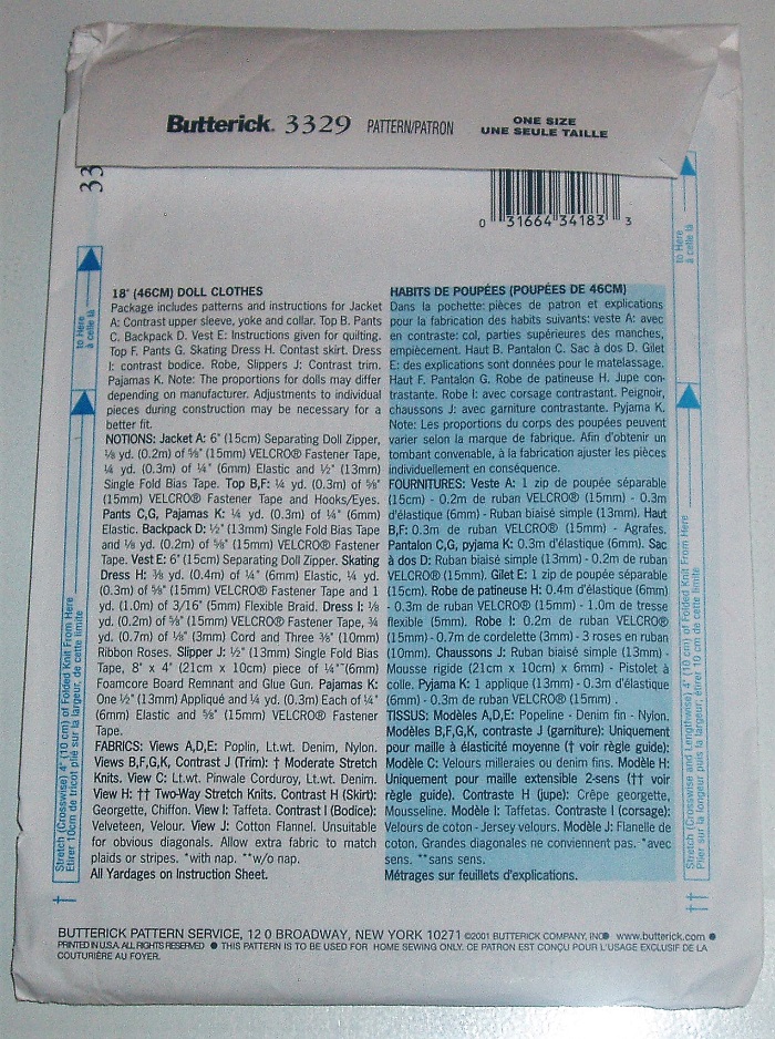 Butterick 3329 18" Doll Clothes Sewing Pattern Pajamas, Dresses, Robe, Skating Outfit & More