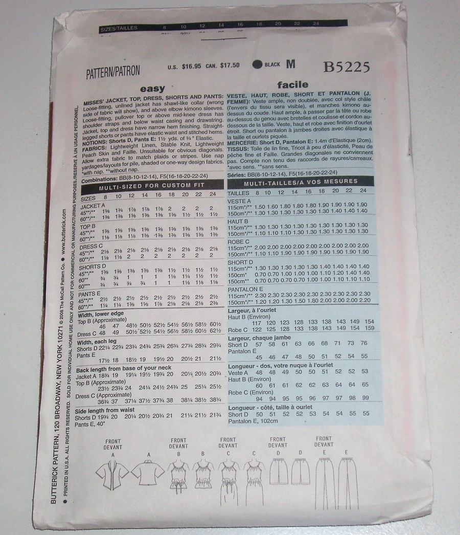 Butterick B5225 Misses Jacket, Dress, Top, Pants & Shorts Pattern Sizes 16–24