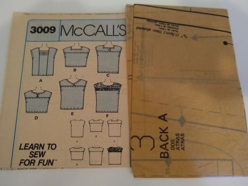 Easy McCall’s 3009 Sewing Pattern Misses’ Pullover Tops (XS)