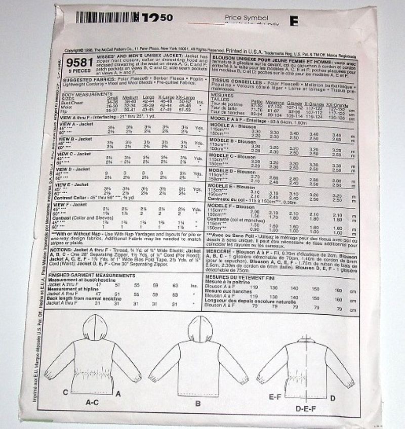 McCall’s 9581 Polar Gear 1998 Sewing Pattern Unisex Hooded Jacket with 8 Variations Sz Large