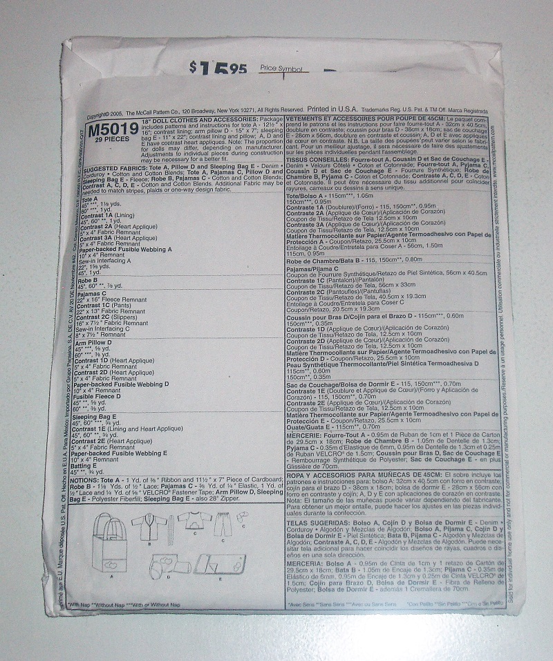 McCall's M5019 Craft Sewing Pattern 18" Doll Clothes/PJs & Robe Sleeping Bag For 18" Dolls 