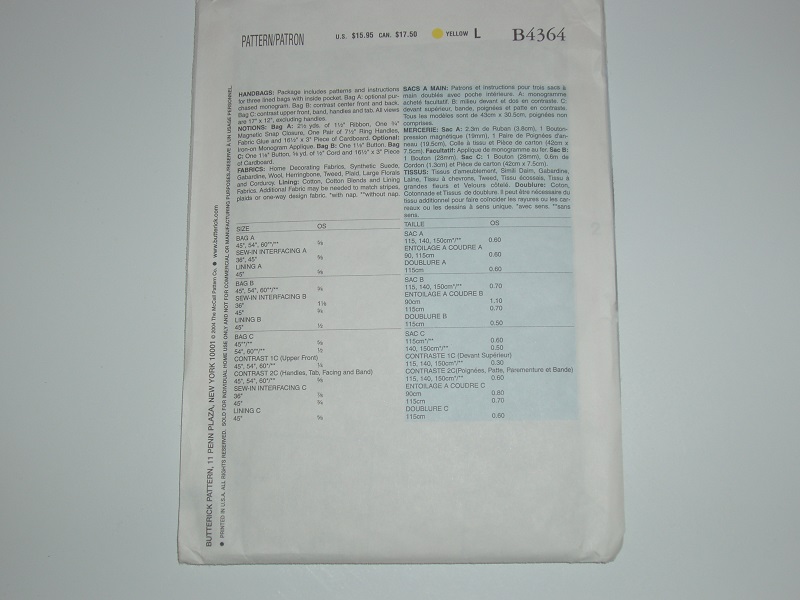 Butterick B4364 Handbag & Purse Sewing Pattern – One Size