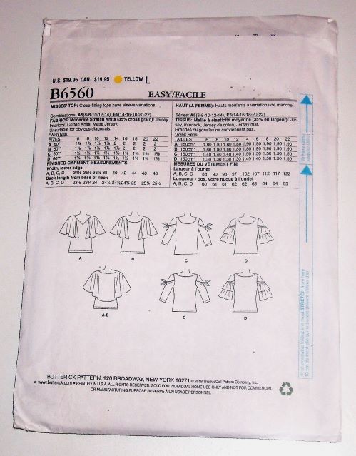 Butterick B6560 Sewing Pattern Misses Cold Shoulder Knit Tops Sizes 6–14