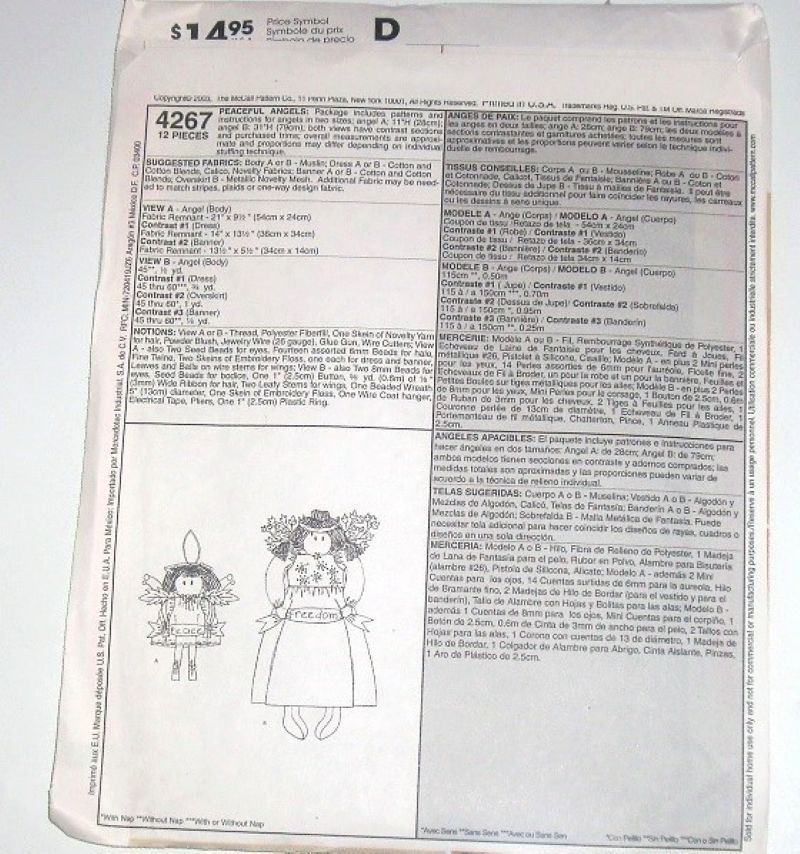 McCall’s 4267 Sewing Pattern Angel Dolls in Two Sizes (11" & 31") Craft Pattern