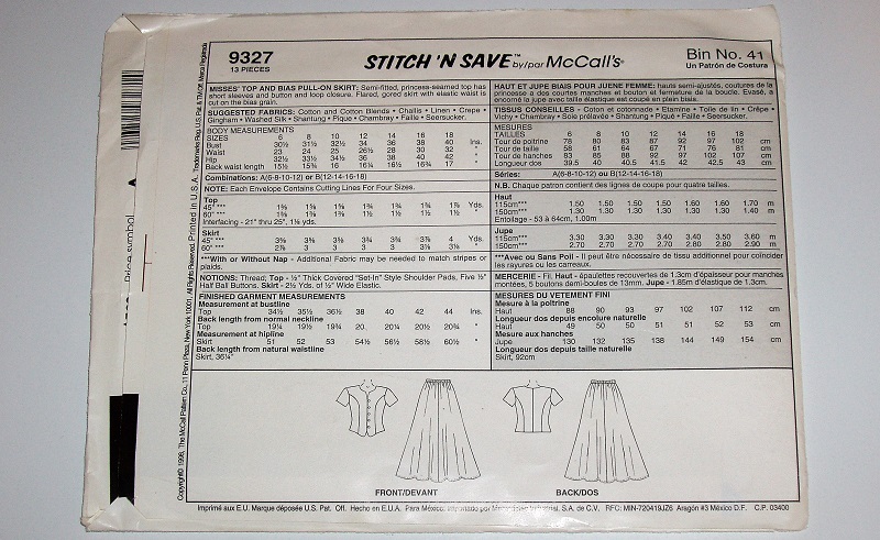 Easy Stitch 'n Save by McCall's 9327 Sewing Pattern Misses Top And Skirt Sz 6-12