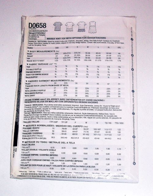 Simplicity D0658 Pattern Hacking Sewing Pattern Misses Knit Top Sz XXS-XXL