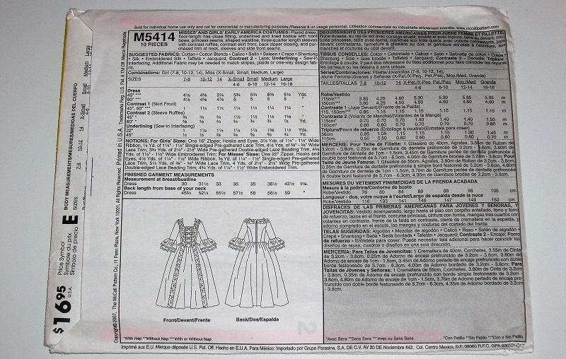 McCalls M5414 Misses & Girls Early America Dress Costumes Halloween Plays Sz XS-L