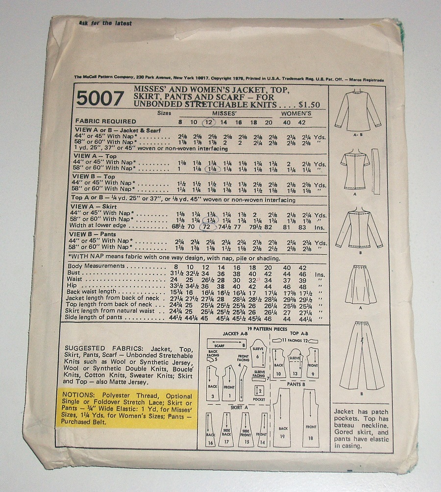 McCall's 5007 Sewing Pattern Misses Knit Wardrobe Size 12 Bust 34"