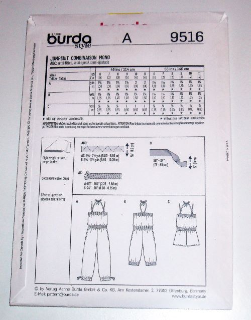 Burda 9516 Girl's Summer Jumpsuit Sewing Pattern Sizes 6–11