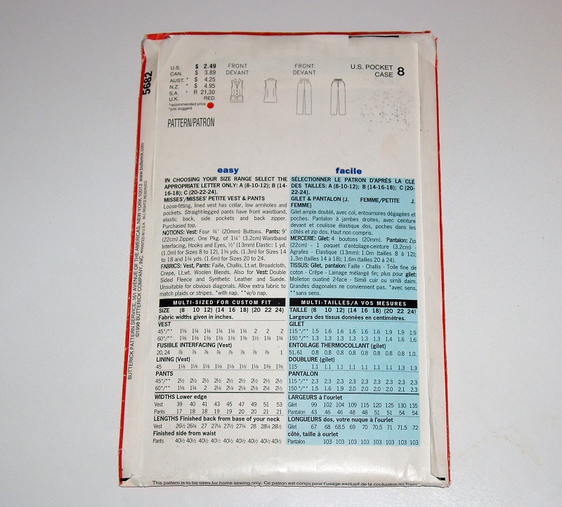 Butterick 5682 Misses/Misses Petite Vest & Pants Sewing Pattern Sizes 8–12 1998