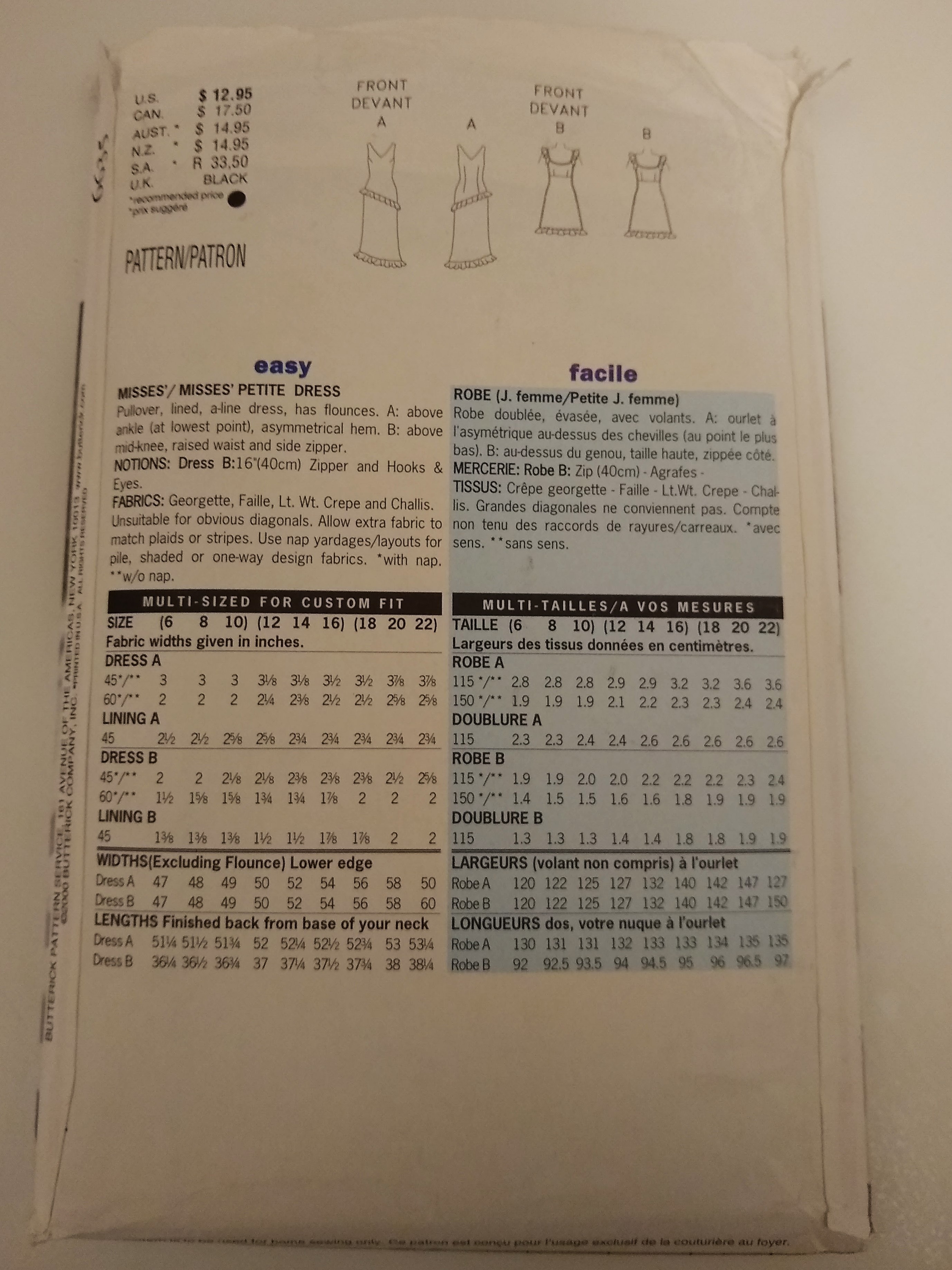 Butterick 6635 Donna Ricco Sewing Pattern Misses/MP Pullover A-Line Dress with Flounces Sz 12–16