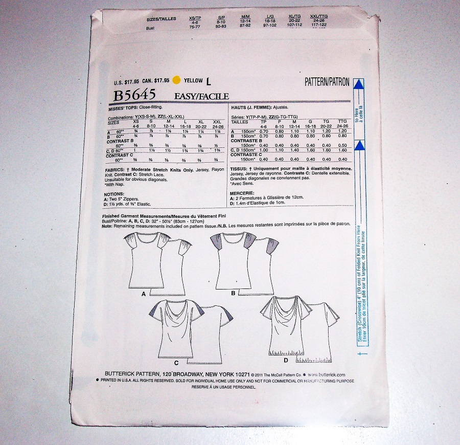 Butterick B5645 Sewing Pattern Misses Close-fitting tops Sz L-XXL
