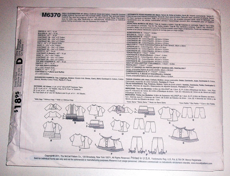 McCall's Crafts M6370 18" Doll Clothes Sewing Pattern 18" Doll Wardrobe