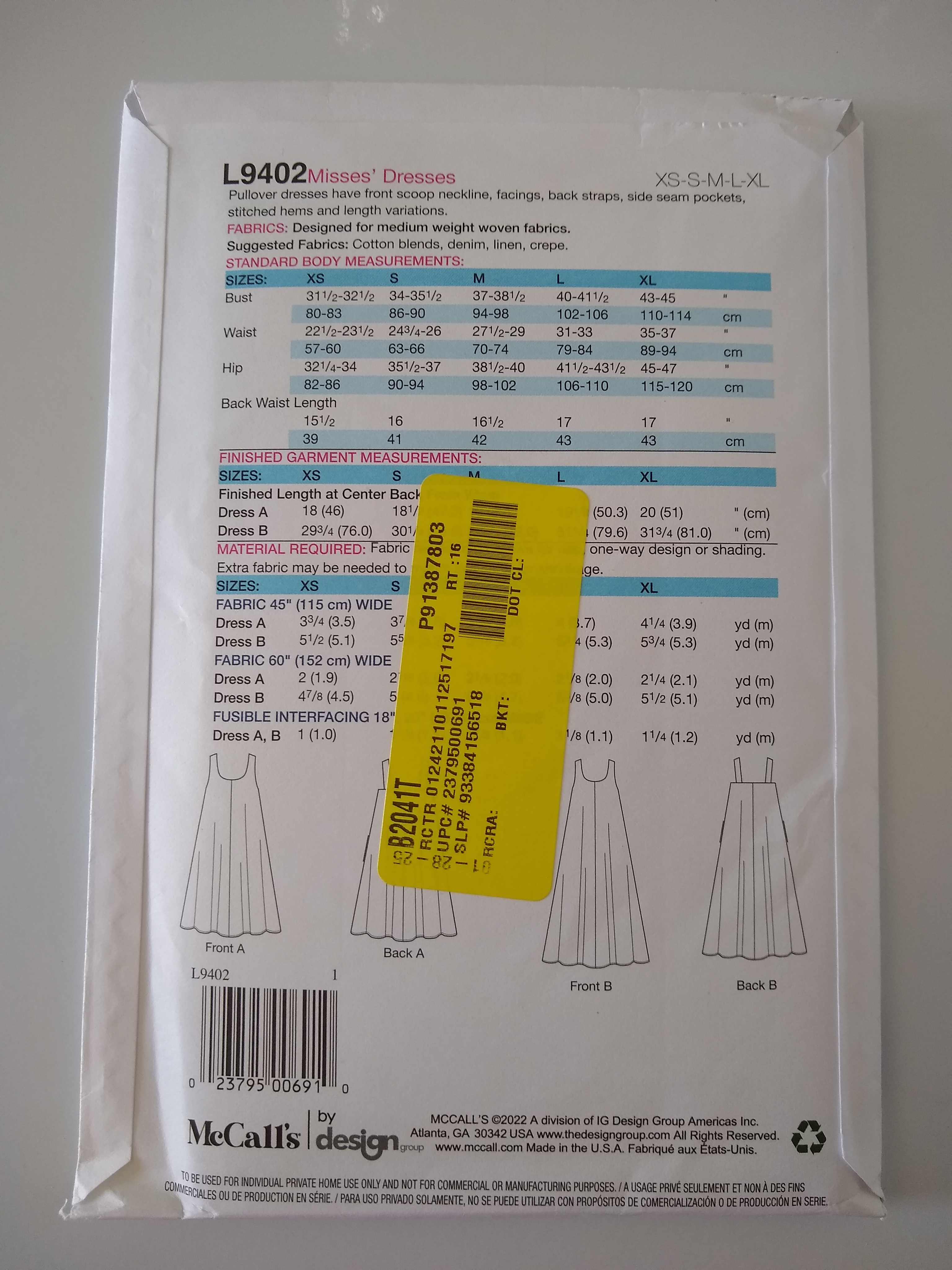 It's Sew Simple McCalls L9402 Misses Sleeveless Dress Sz XS-XL