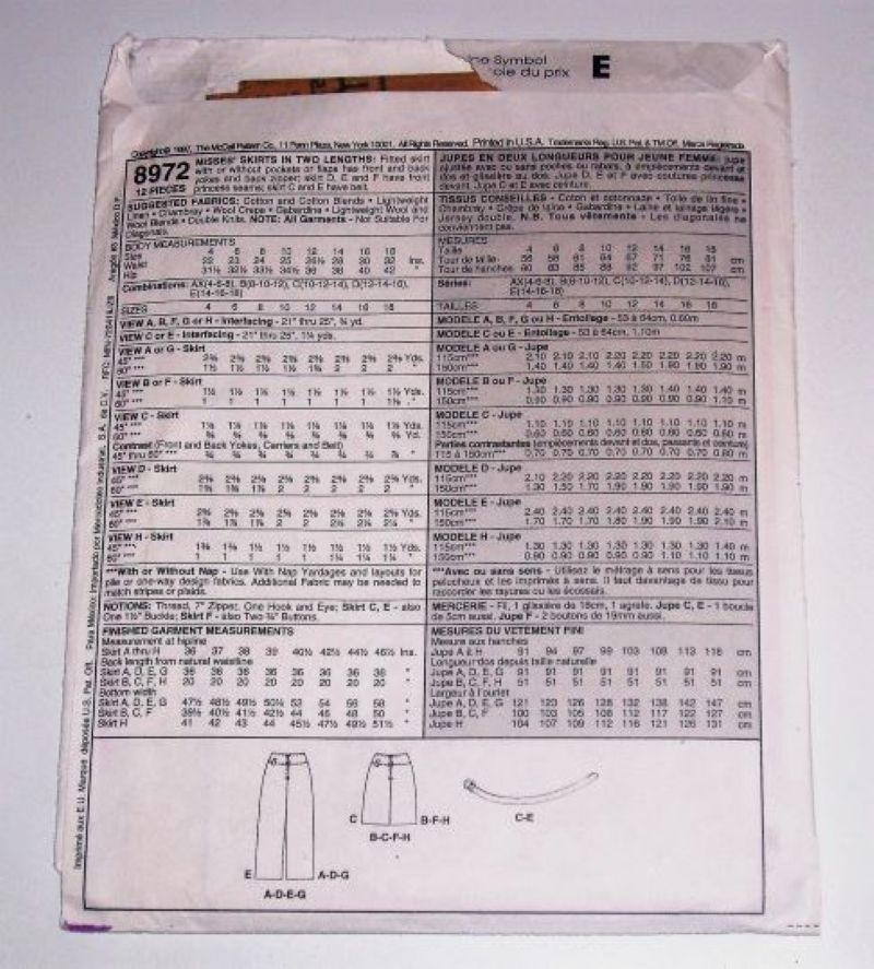 McCall’s 8972 Sewing Pattern Misses Fitted Skirts with Yoke & Pockets Sizes 8–12