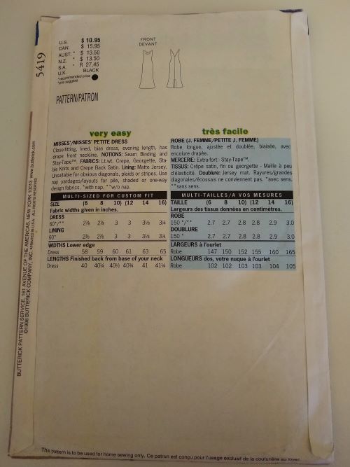 Butterick 5419 Sewing Pattern Misses/Misses Petite Lined Bias Dress Sizes 6-10