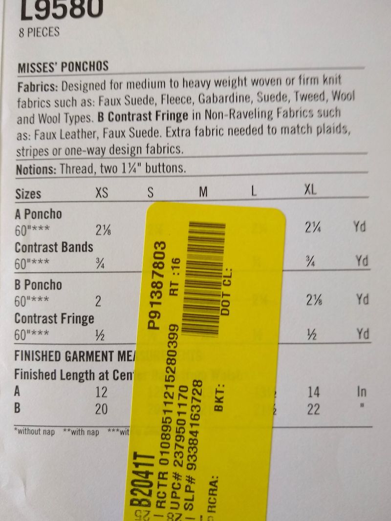 It's So Simple McCall's L9580 Sewing Pattern Misses Fall Ponchos Sizes XS-XL