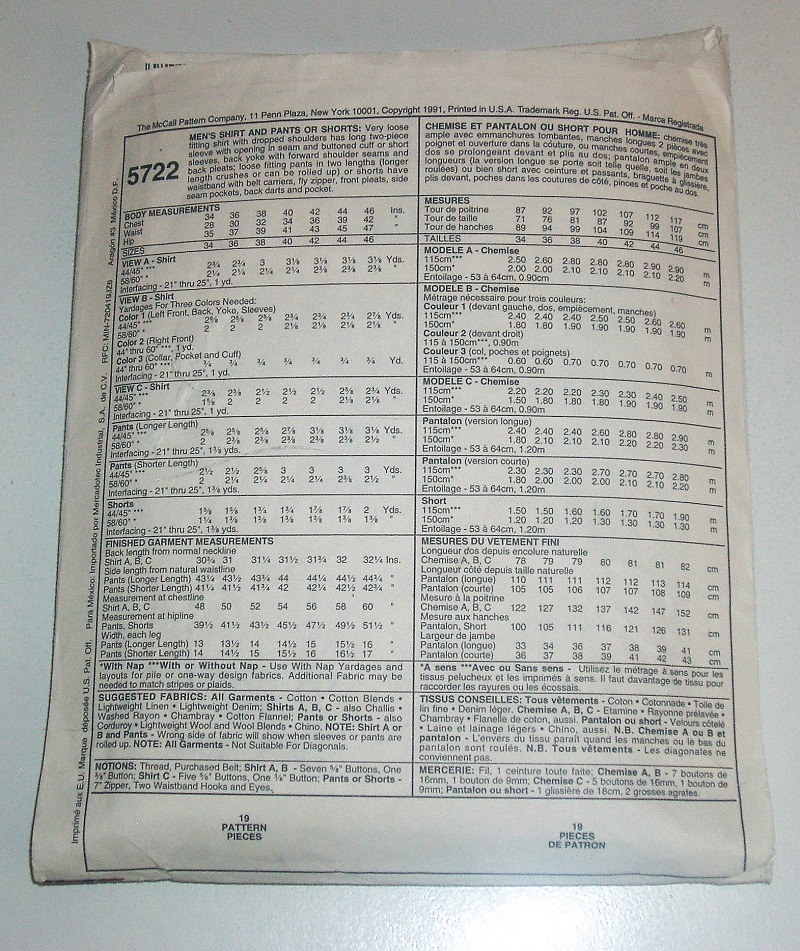 McCalls 5722 Sewing Pattern Men's Shirt Pants Shorts Sz 44" Chest 39" Waist Cut
