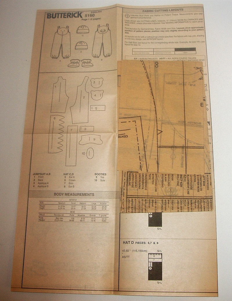 Butterick 5160 Infant’s Jumpsuit, Hat & Booties Sewing Pattern – Sizes L–XL – 1997