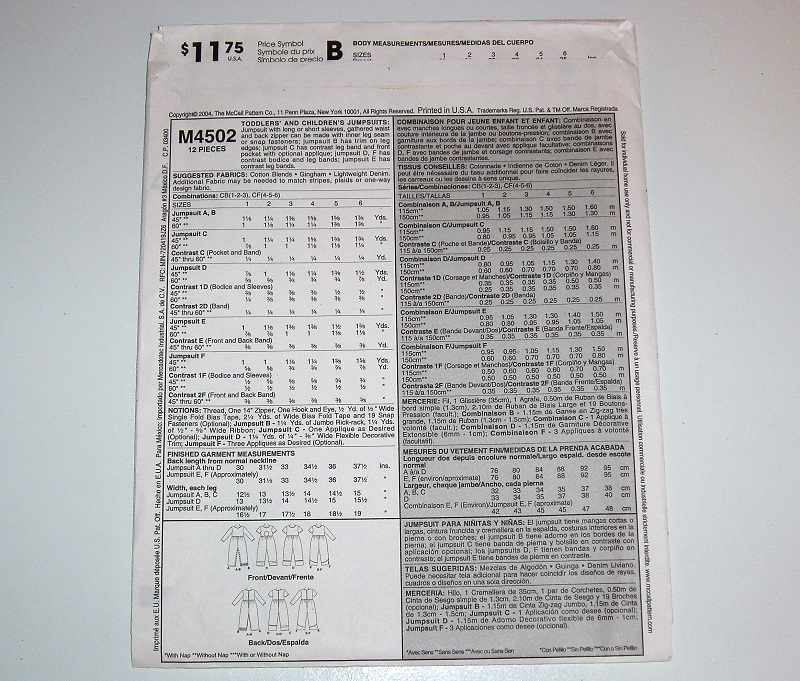 McCall's M4502 Baby/Toddler Jumpsuit Sewing Pattern Size 1-3
