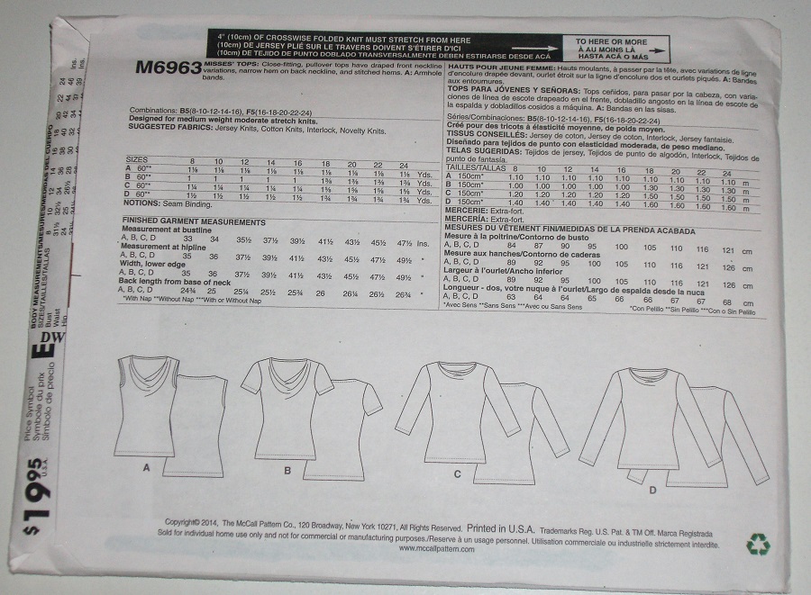 McCall's M6963 Sewing Pattern Misses Pullover Knit Tops Sizes 16-24