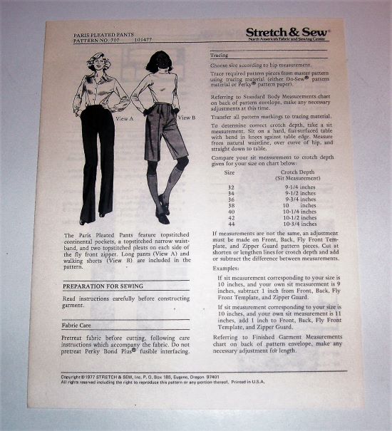 Vintage Stretch & Sew 707 Pleated Pants Sewing Pattern  Hip 32"-44" (Waist 22"-34 ½")
