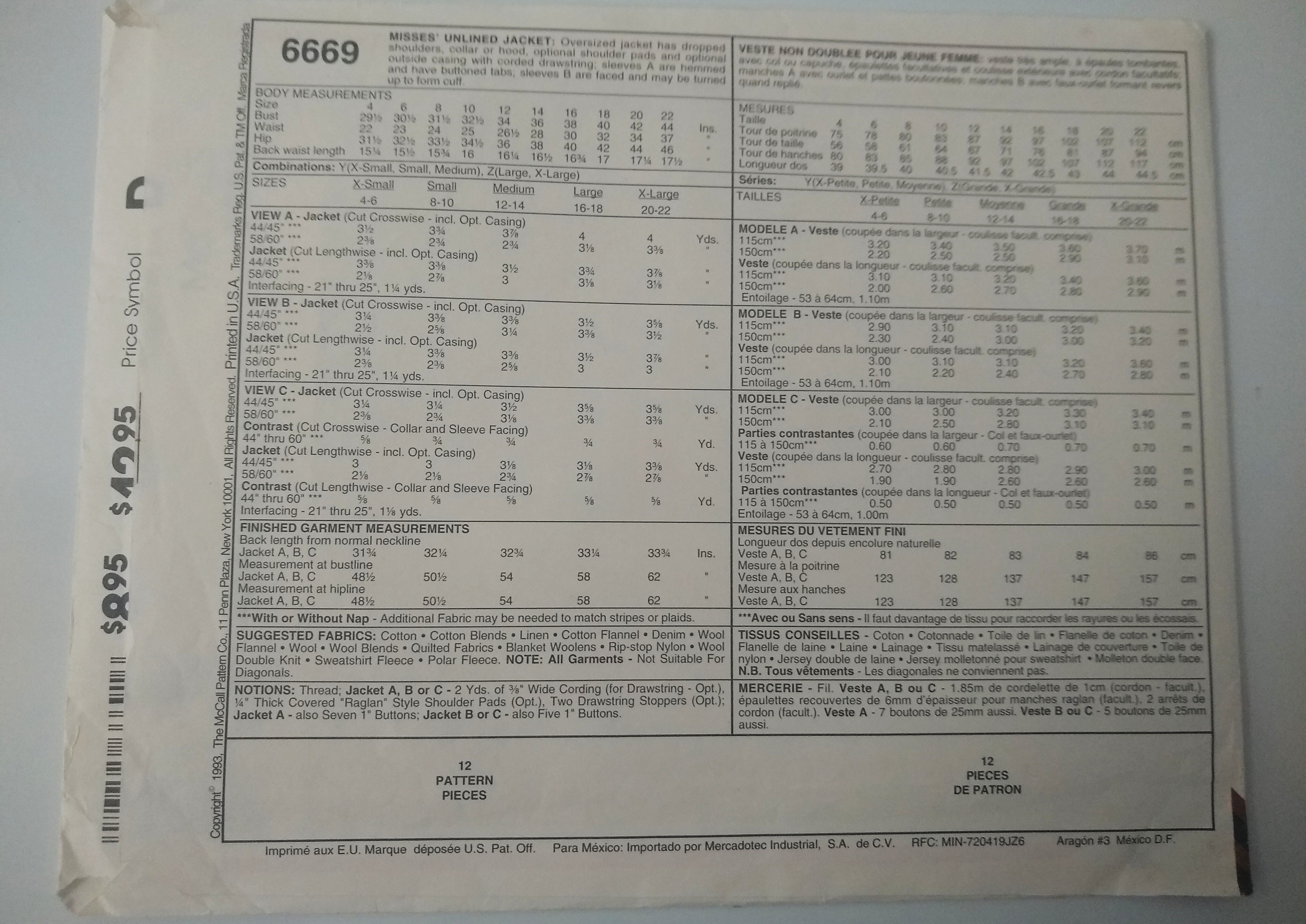 McCall’s 6669 Misses’ Oversized Jacket Sewing Pattern Sizes XS–Medium 1993 90s Grunge Streetwear