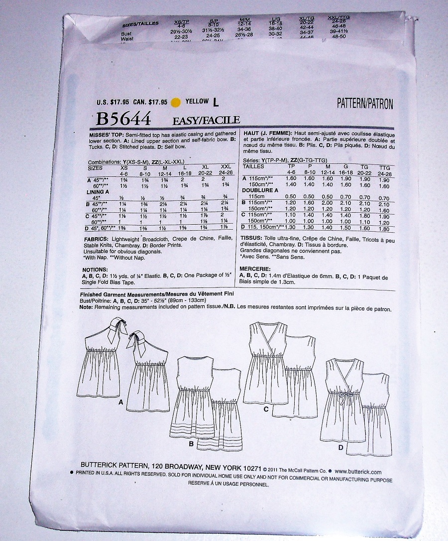 Butterick B5644 Women's Tunic and Top Sewing Pattern Sz L-XXL