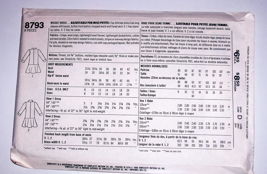 Simplicity 8793 Cathy Hardwick Misses Dress Sewing Pattern (Size 12 Bust 34")