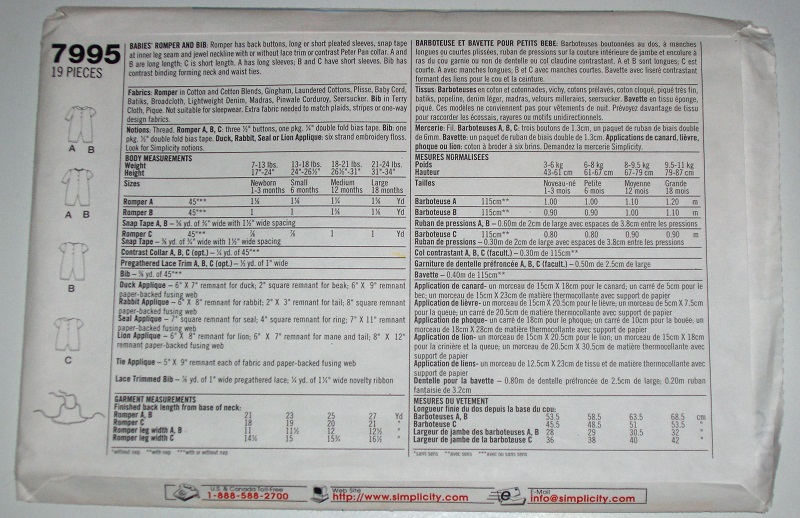 Simplicity 7995 Baby Romper & Bib Sewing Pattern (Sizes NB–L, 1997)