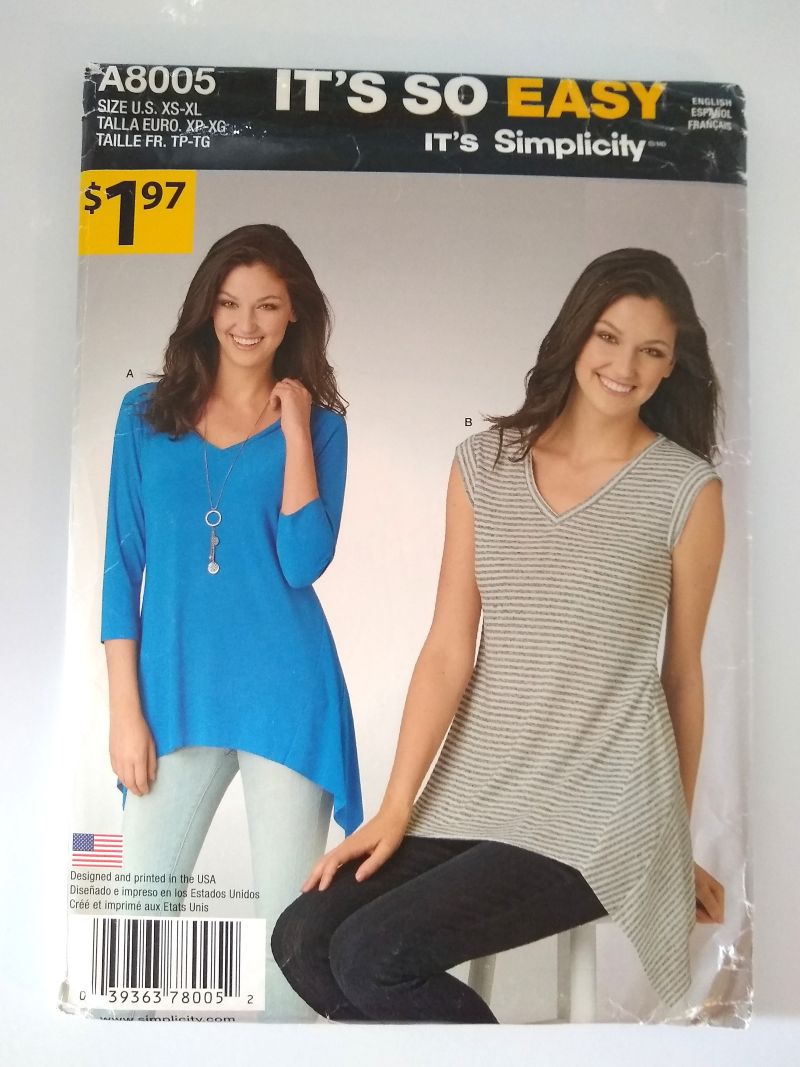 It’s So Easy Simplicity A8005 Sewing Pattern Misses’ Knit Tops with Asymmetrical Hems Sz XS–XL